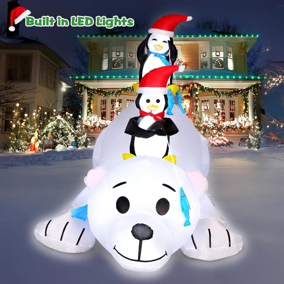 ⚡6FT Christmas Inflatables Cute Polar Bear with Penguins Outdoor Decorations - Picture 5 of 6